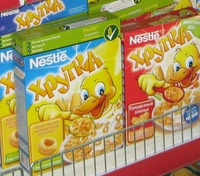 Cereal boxes on store shelf