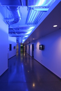 A blue-lit hallway