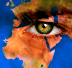 A man's face painted as the world