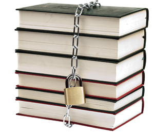 A stack of books chained and locked up
