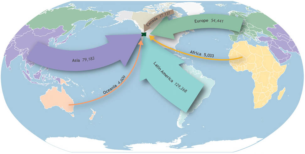 A map of the world with arrows pointing to Oregon