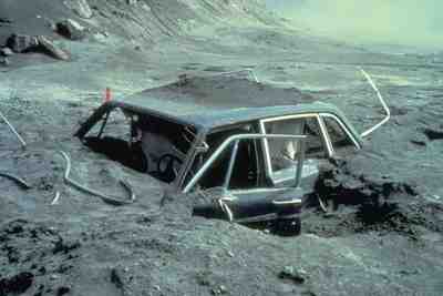 A car buried under the mountain's ash