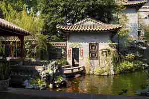 A Chinese garden with traditional buildings