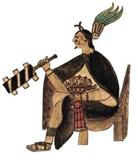 A painted image of a person playing instruments
