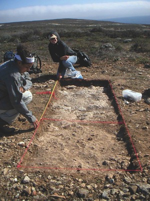 Two women measure and observe the ground outdoors