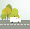 A white van driving on the road in front of trees