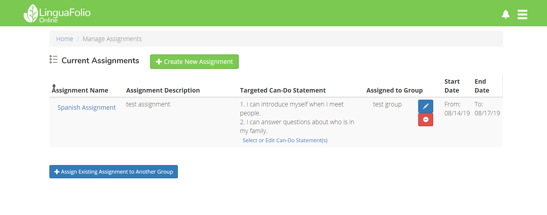 sample screen shot of opening page with Can-Dos assigned multiple places