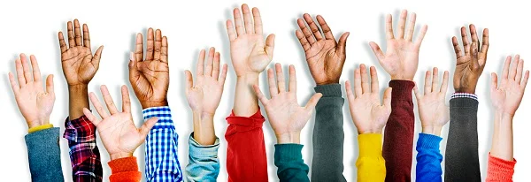 many hands raised in the air with varying diversity