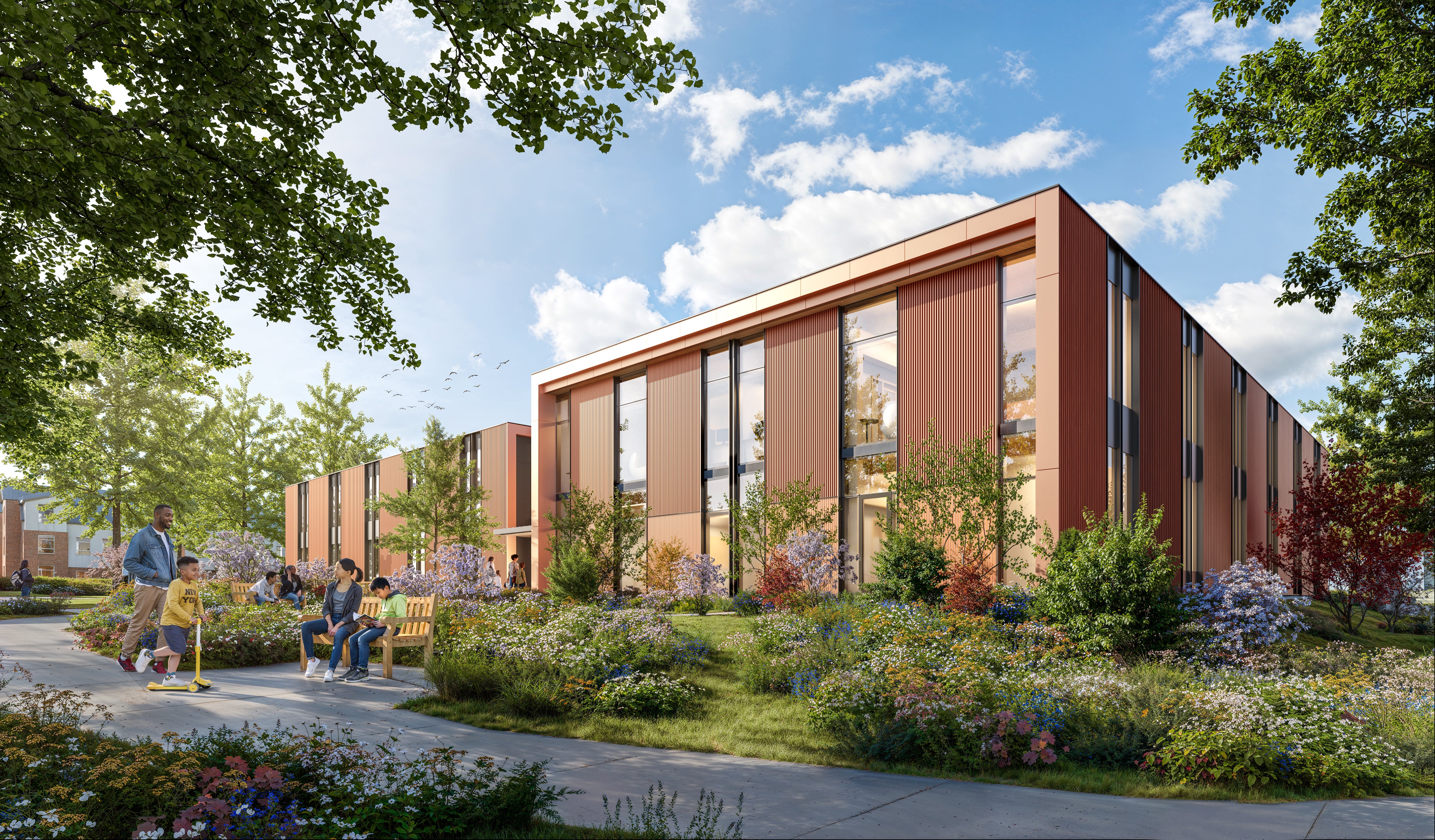 Architectural rendering of the Child Behavioral Health Building exterior, surrounded by gardens and walking paths with people gathered outside.