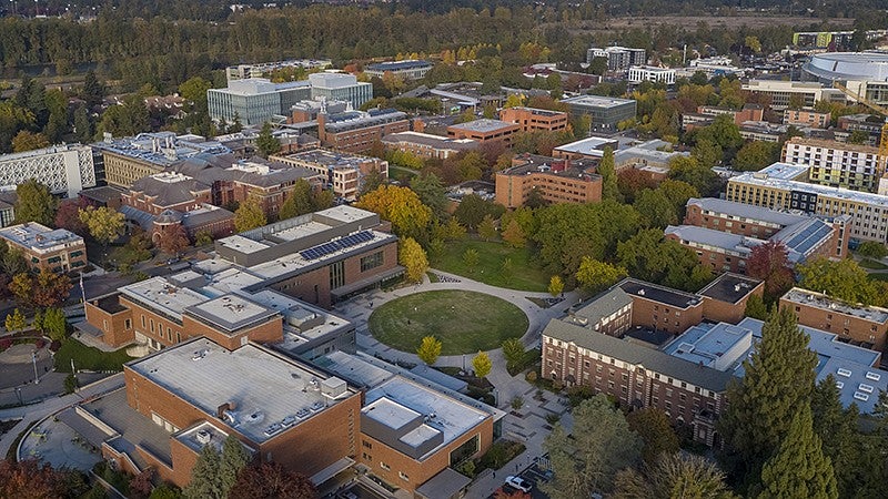 aerial view of UO buildings on the Eugene campus