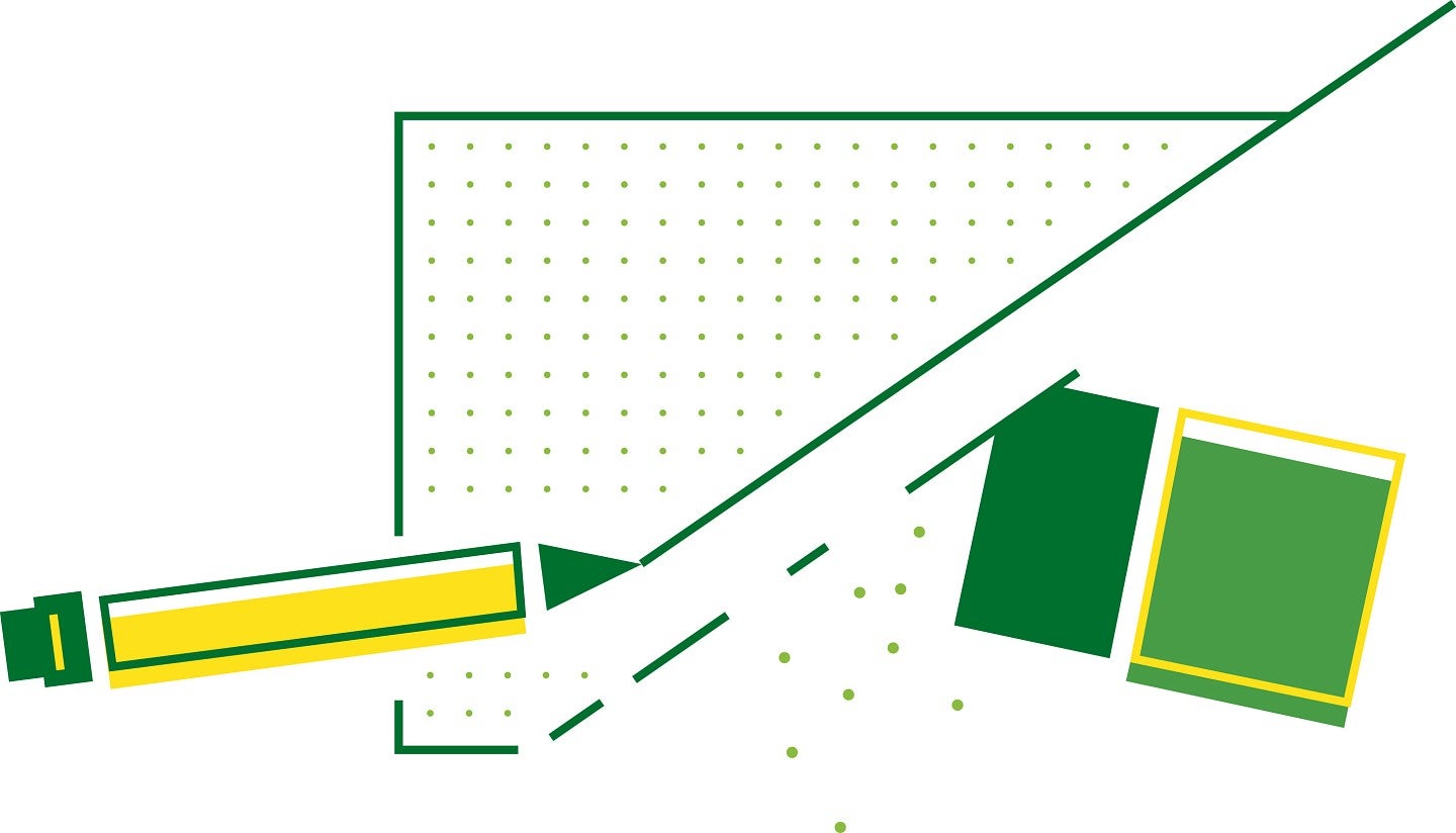 Design of a yellow pencil writing a green line, with a green eraser next to it.