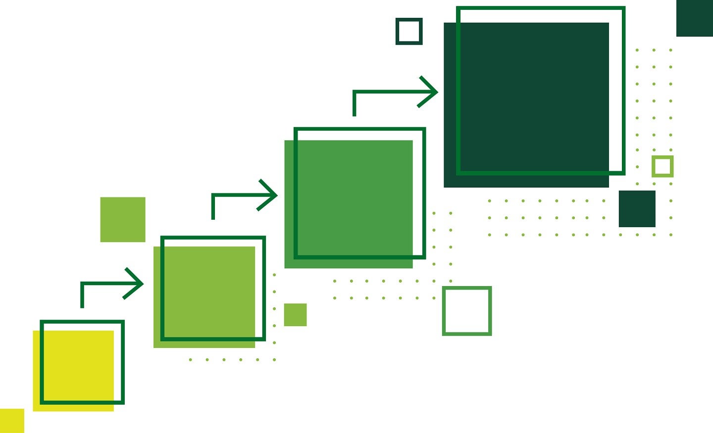 Design of yellow and green squares as steps with arrows point up to each.
