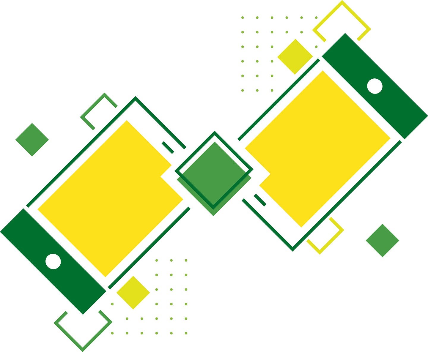 Design of two smartphones with yellow screens, and a small green square between them.