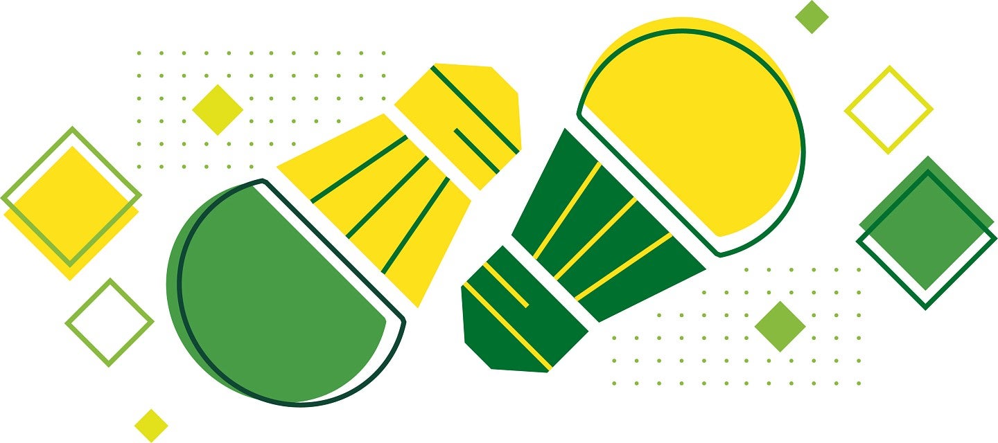 Design of green and yellow lightbulbs with small green and yellow squares on either side.