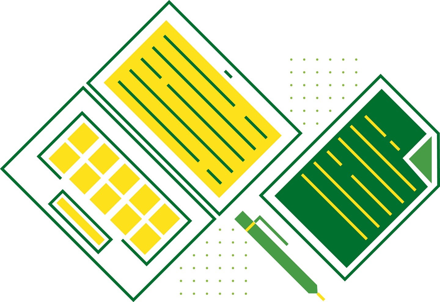 Two designs, one of a laptop with yellow buttons and a screen, and green paper with a pen.