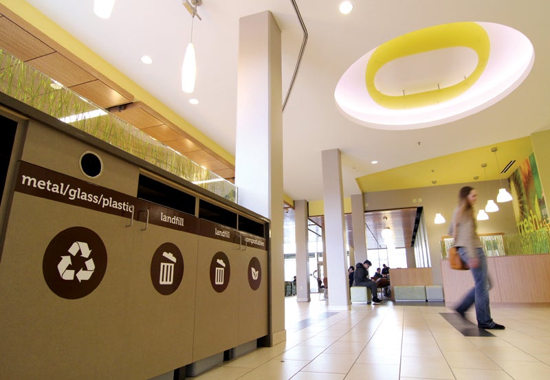 Garbage and Recycling recepticals in University of Oregon Residence Hall.