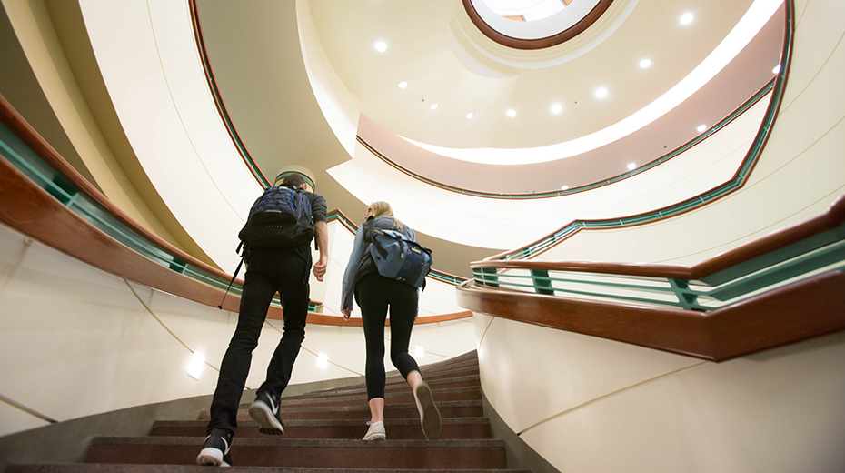 Two students climbing stairs