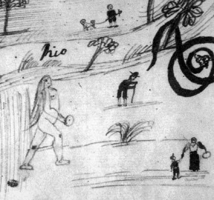 matlatlcihuatl A large, nude woman seen in the landscape of the map.