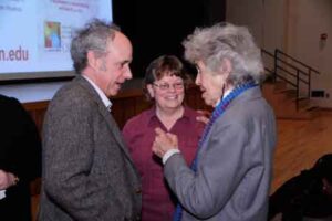 At the opening ceremony of the CSWS 40th Anniversary Celebration, Sally Miller Gearhart (r) talks with James Fox (Head, Special Collections) and Linda Long (Manuscripts Librarian).