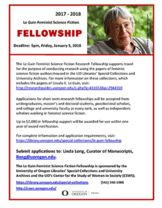 A poster for the Le Guin Feminist Science Fiction Fellowship