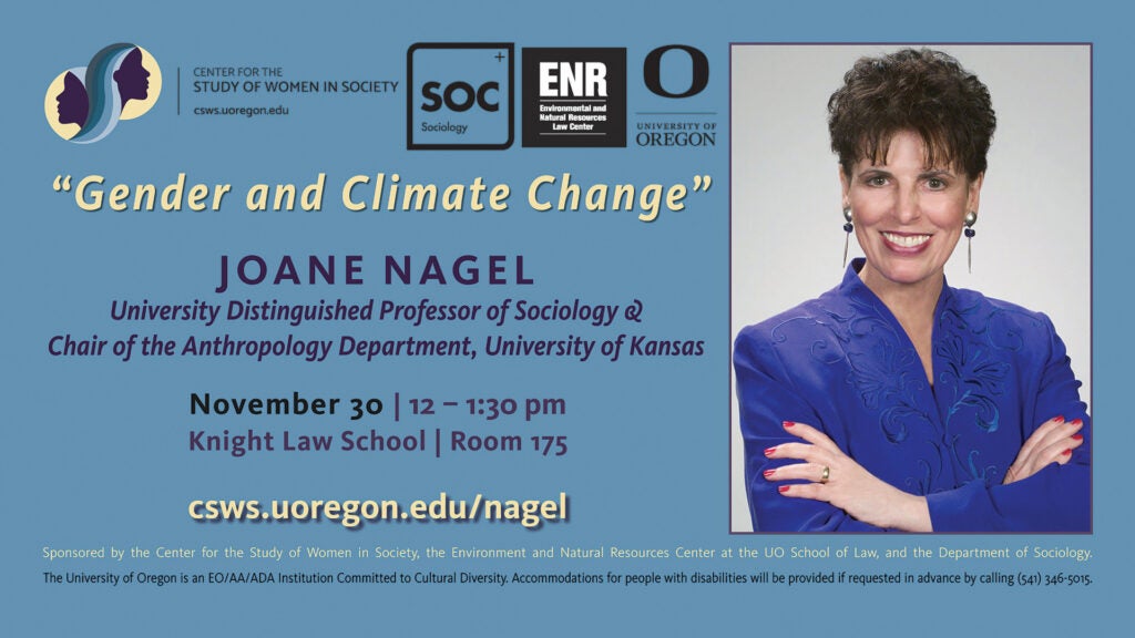 Promotional graphic for "Gender and Climate Change" lecture with Joane Nagel