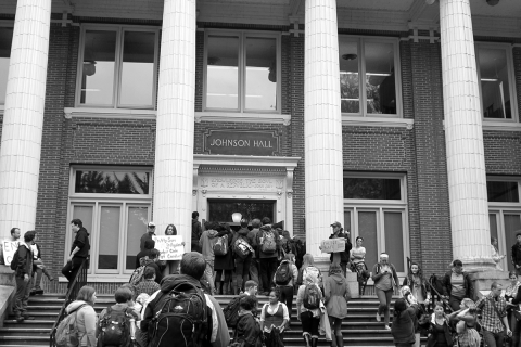 Students, faculty, and staff jammed the lobby of Johnson Hall and spilled onto the front steps to protest reporting on sexual assault allegations / May 2014.