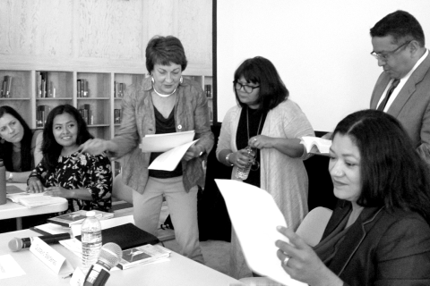 At a panel focused on Reyna Grande’s memoir, panelists included, from left: Kristin Yarris, Lidiana Soto, Lynn Stephen, Carmen Urbina, 4J superintendent Gustavo Balderas, and author Reyna Grande.