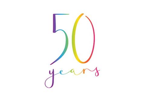 Rainbow cursive text that reads "50 years".