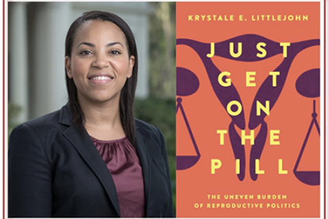 Krystal Littlejohn next to the cover of  "Just Get on the Pill".