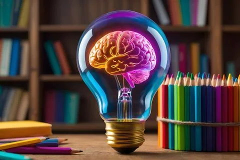 A lightbulb with a brain on a desk surrounded by a bundel of colored pencils and books.