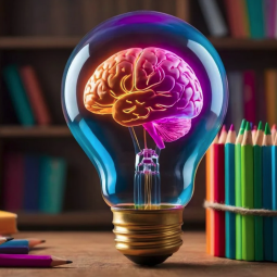 An AI-generated image of a lightbulb with a neon colored brain, surrounded by a room of bookshelves and colored pencils.