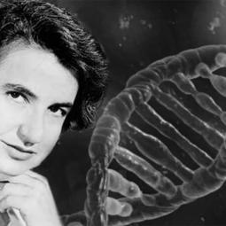 A black and white image of a person with a DNA strand 
