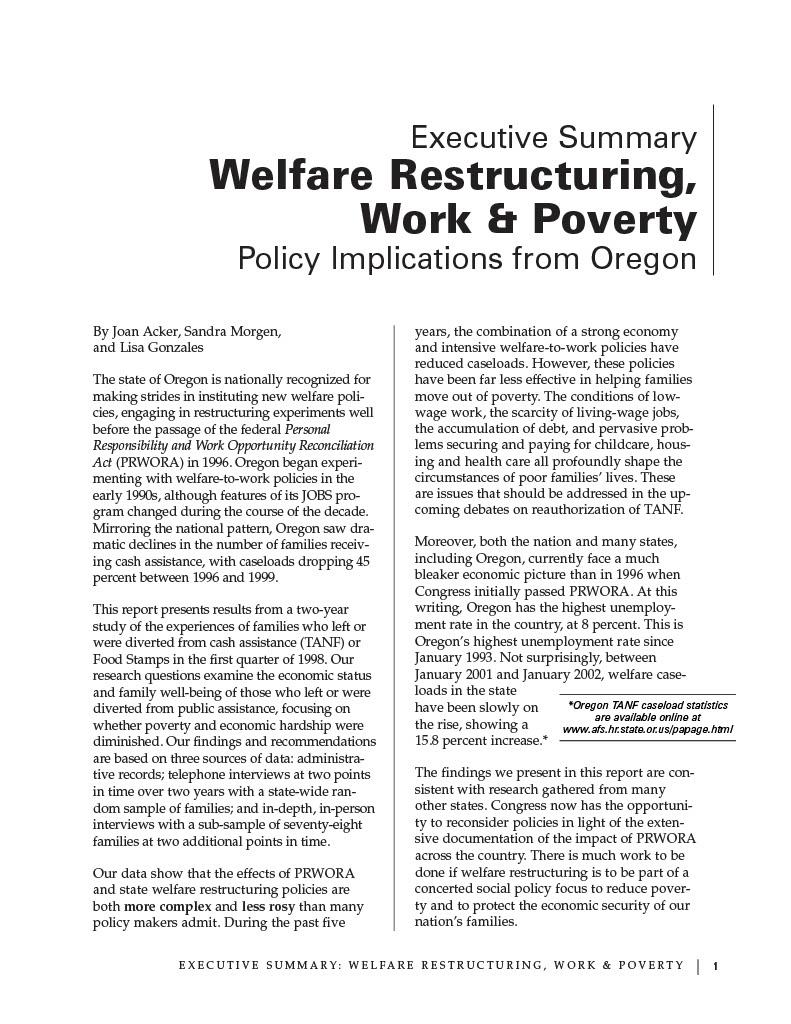 First page of "Welfare Restructuring, Work & Poverty Policy Implications from Oregon"