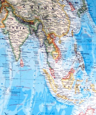 A map on a globe of Southeast Asia