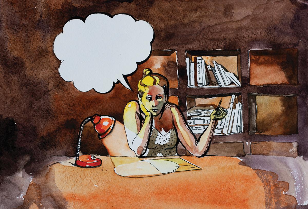 A watercolor image of a blonde woman working at a desk in a dimly lit office, hunched over with a pen and paper, with a cartoon thought bubble coming from her to the left. 