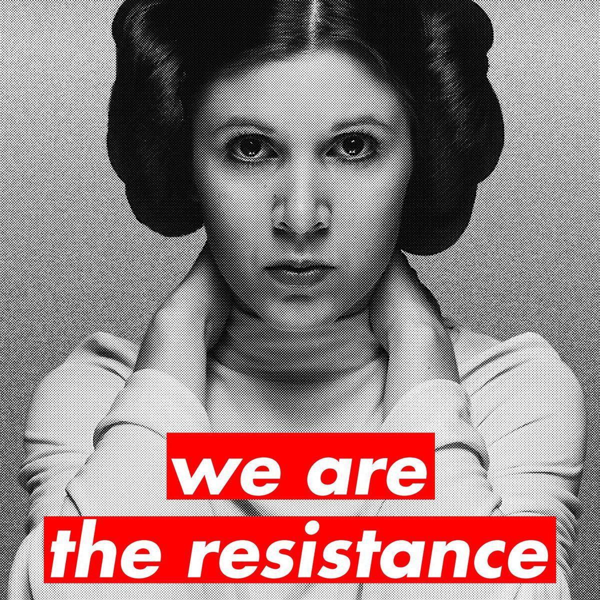 A black and white image of Princess Leah from Star Wars with the text "We are the resistance".