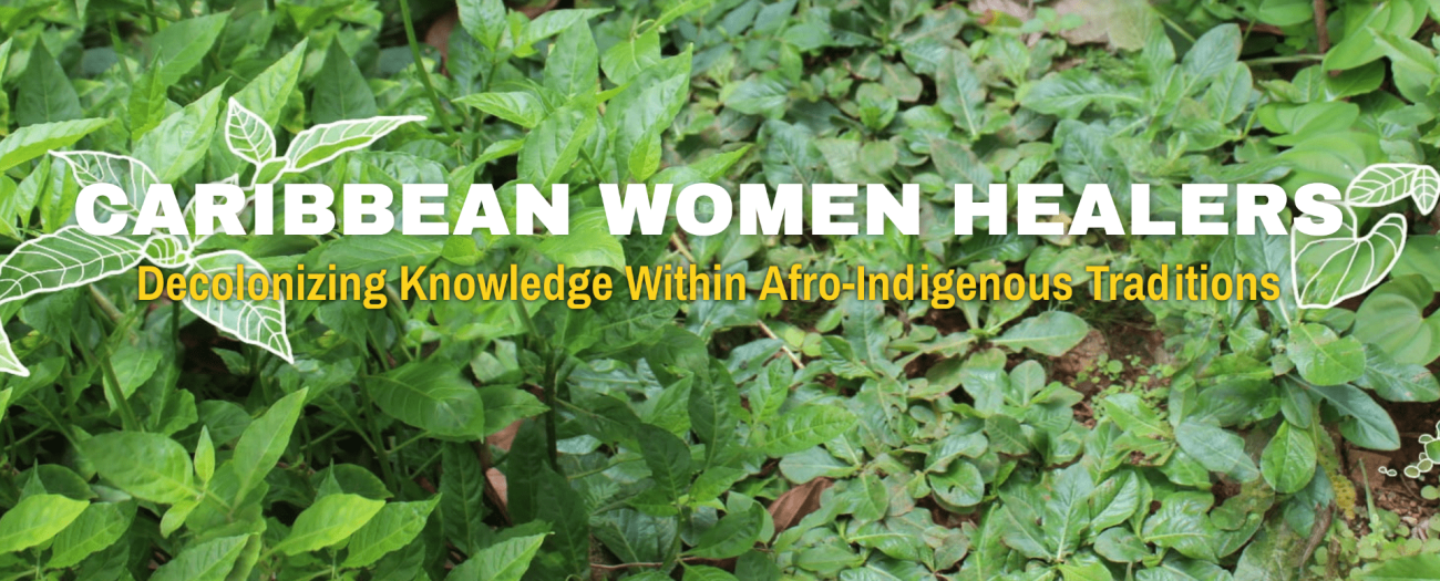 Leaves with the text, "Carribian Women Healers, Decolonizing Knowledge Within Afro-Indigenous Traditions".