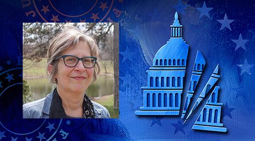 Arlene Stein next to a graphic of Capitol Hill cut into peices with a blue stared background.