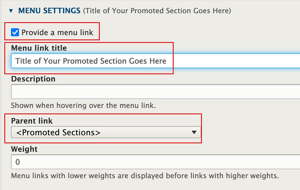 adding a menu link in Drupal screenshot