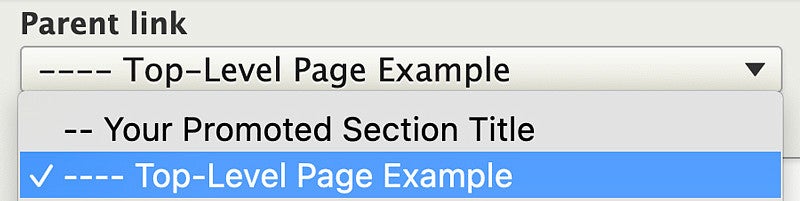 Selecting a menu item in Drupal screenshot