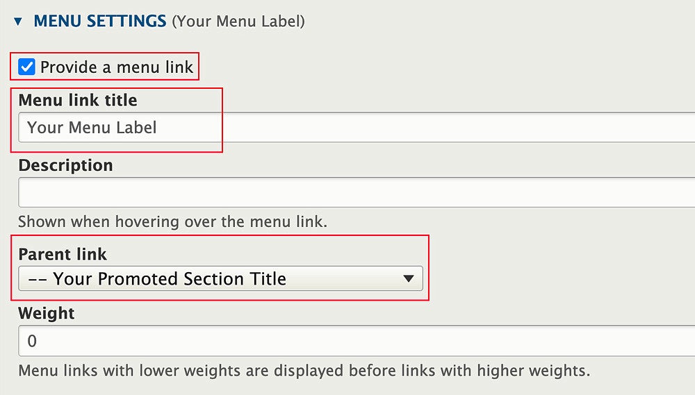 Menu settings in Drupal screenshot