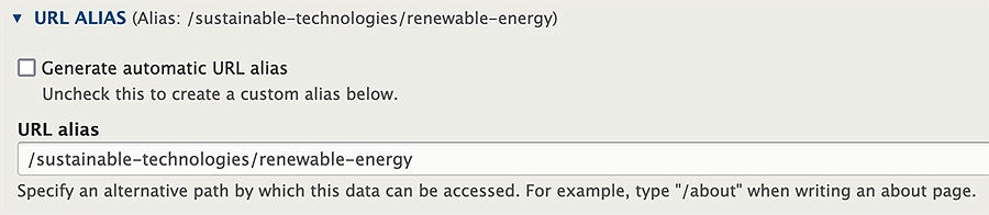 Editing a URL alias in Drupal screenshot
