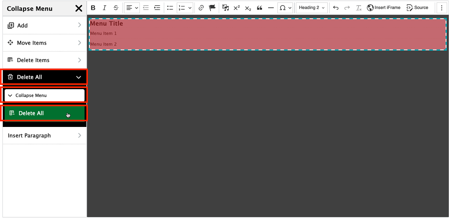 screenshot of how to delete an entire collapsible menu