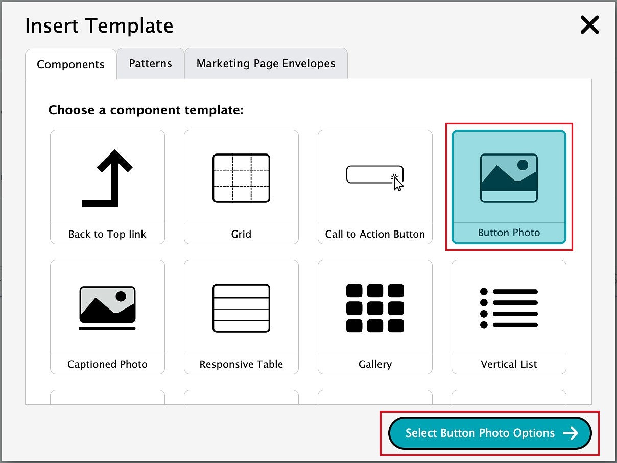 selecting the Button Photo template in the Drupal content editor