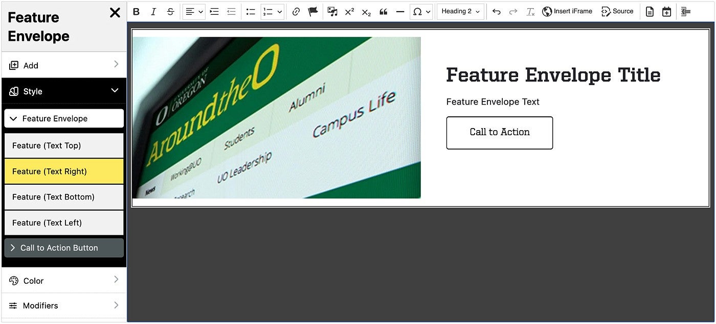 the Feature Envelope Style menu in the Drupal content editor