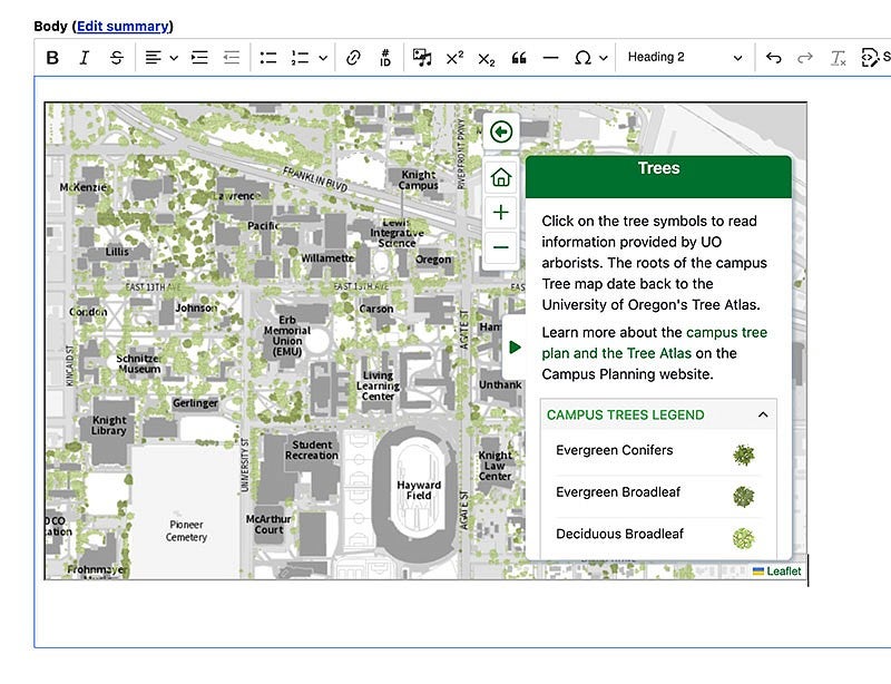 An embedded iframe example inside a Drupal content editor window. The iframe example shows a map of various trees types on the Eugene UO campus.