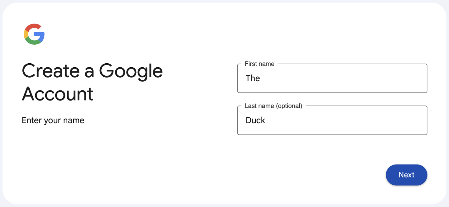 Adding your First and Last name in Step two of the Google Account creation process.