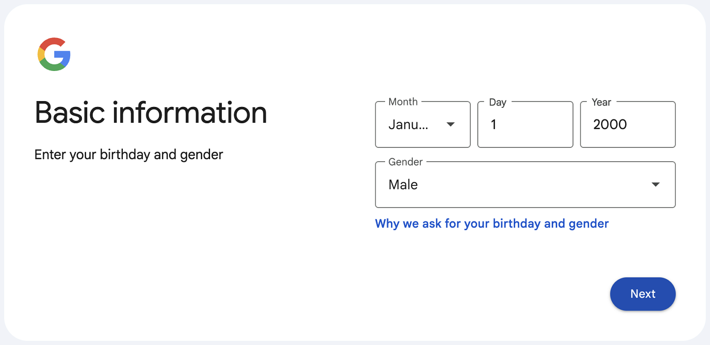 Adding a birthday and gender in Step three of the Google Account creation process.