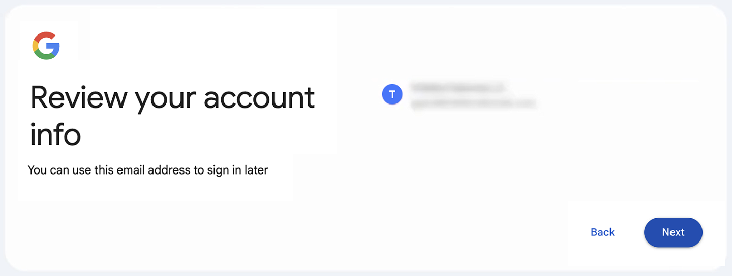 Reviewing your account information in Step six of the Google Account creation process.