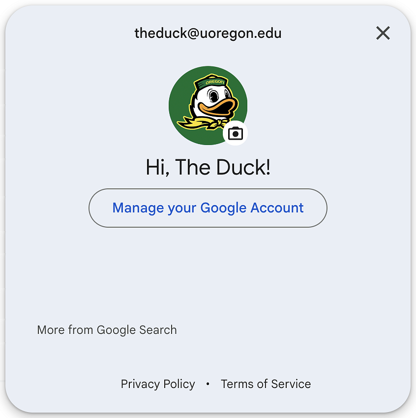 Google Account window for info@uoregon.College account with The Duck's email, profile image, and name